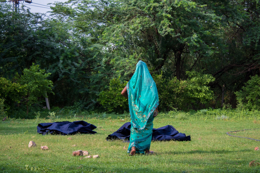 Naturally dyed fabric drying in the sun in India